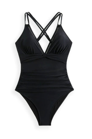 Black ruched halterneck swimsuit with crisscross straps and cutout detail