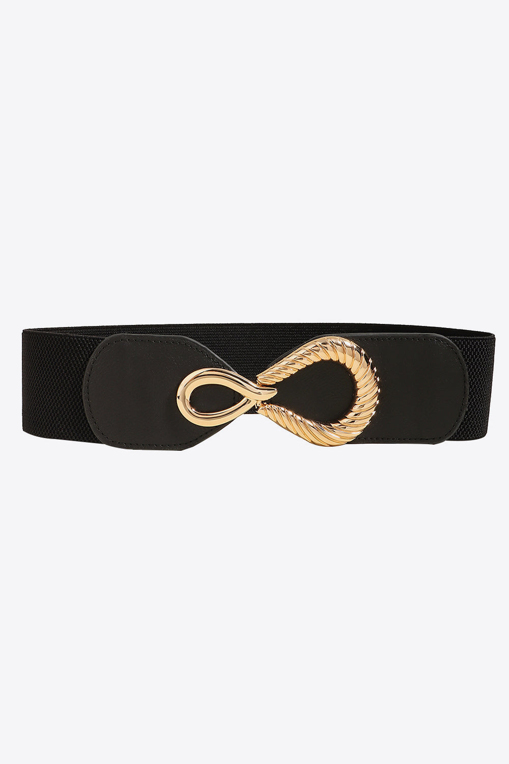 Black elasticated waist belt with a gold sculpted buckle and faux leather detail