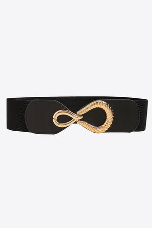 Black elasticated waist belt with a gold sculpted buckle and faux leather detail