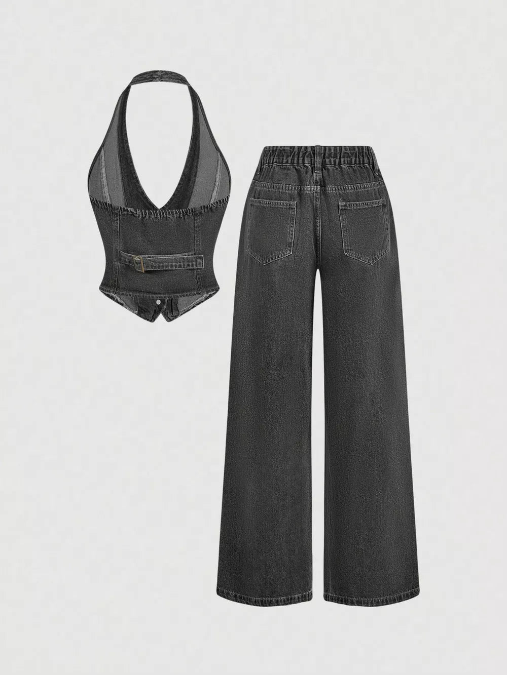 Halter Neck Denim Vest And Wide-leg Jeans Set, editorial view