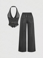 Halter Neck Denim Vest And Wide-leg Jeans Set, editorial view