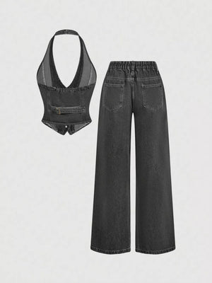 Halter Neck Denim Vest And Wide-leg Jeans Set, editorial view