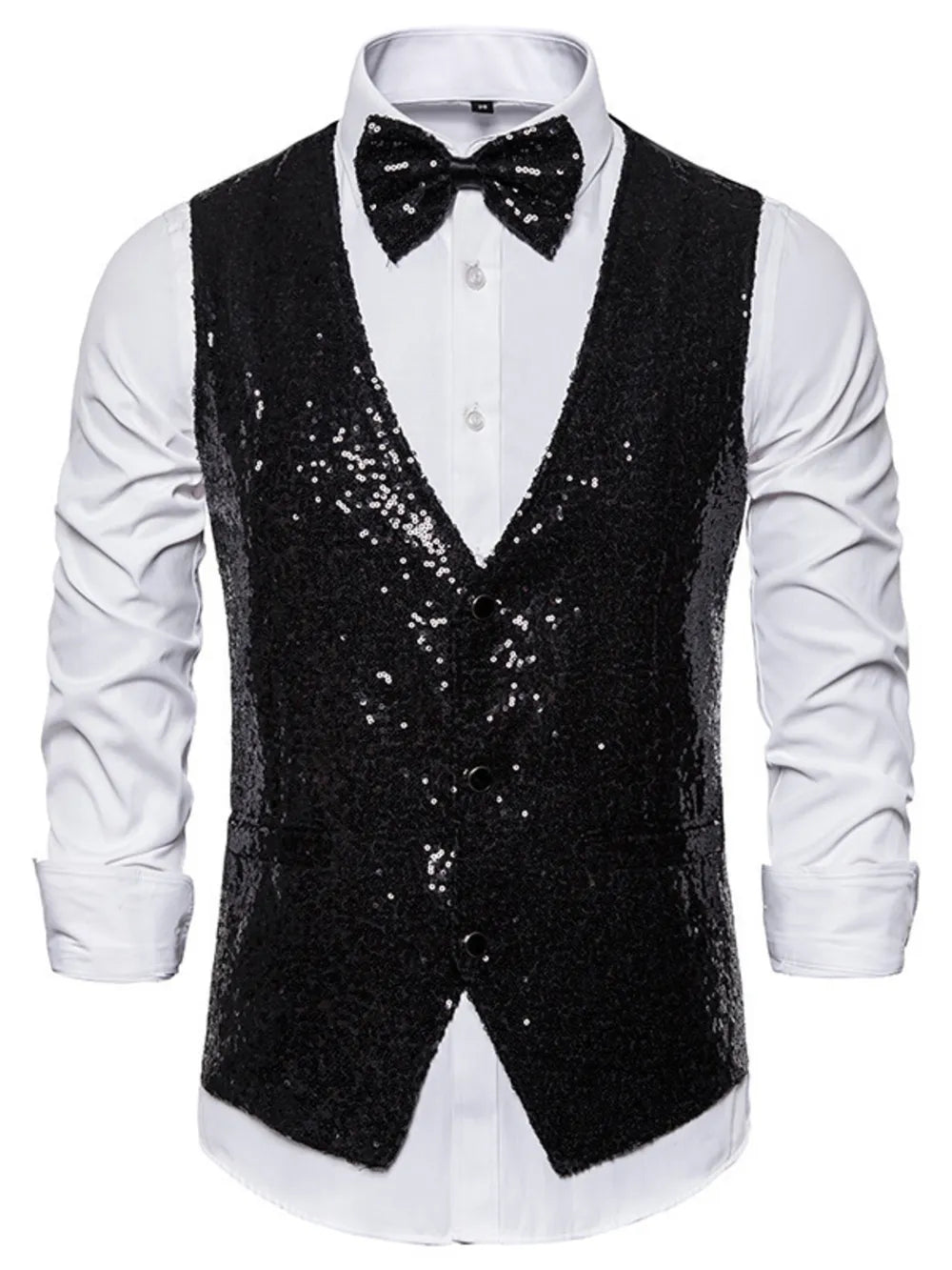 Black sequin slim-fit men's vest with button front and matching bow tie.