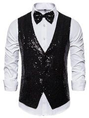 Black sequin slim-fit men's vest with button front and matching bow tie.