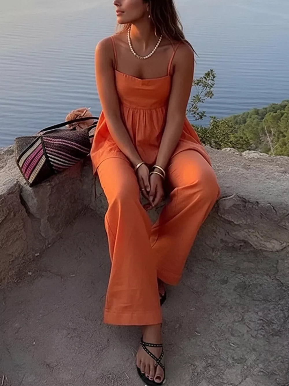 Orange square neck cami and wide-leg pants set with spaghetti straps and a gathered waist.