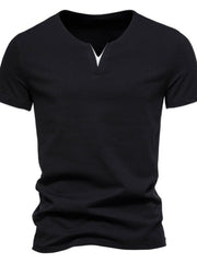 Black cotton slim fit tee with notched V-neck and short sleeves.