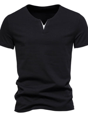 Black cotton slim fit tee with notched V-neck and short sleeves.