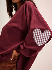 Heart Patch Long Sleeve Sweatshirt in Burgundy, close-up detail