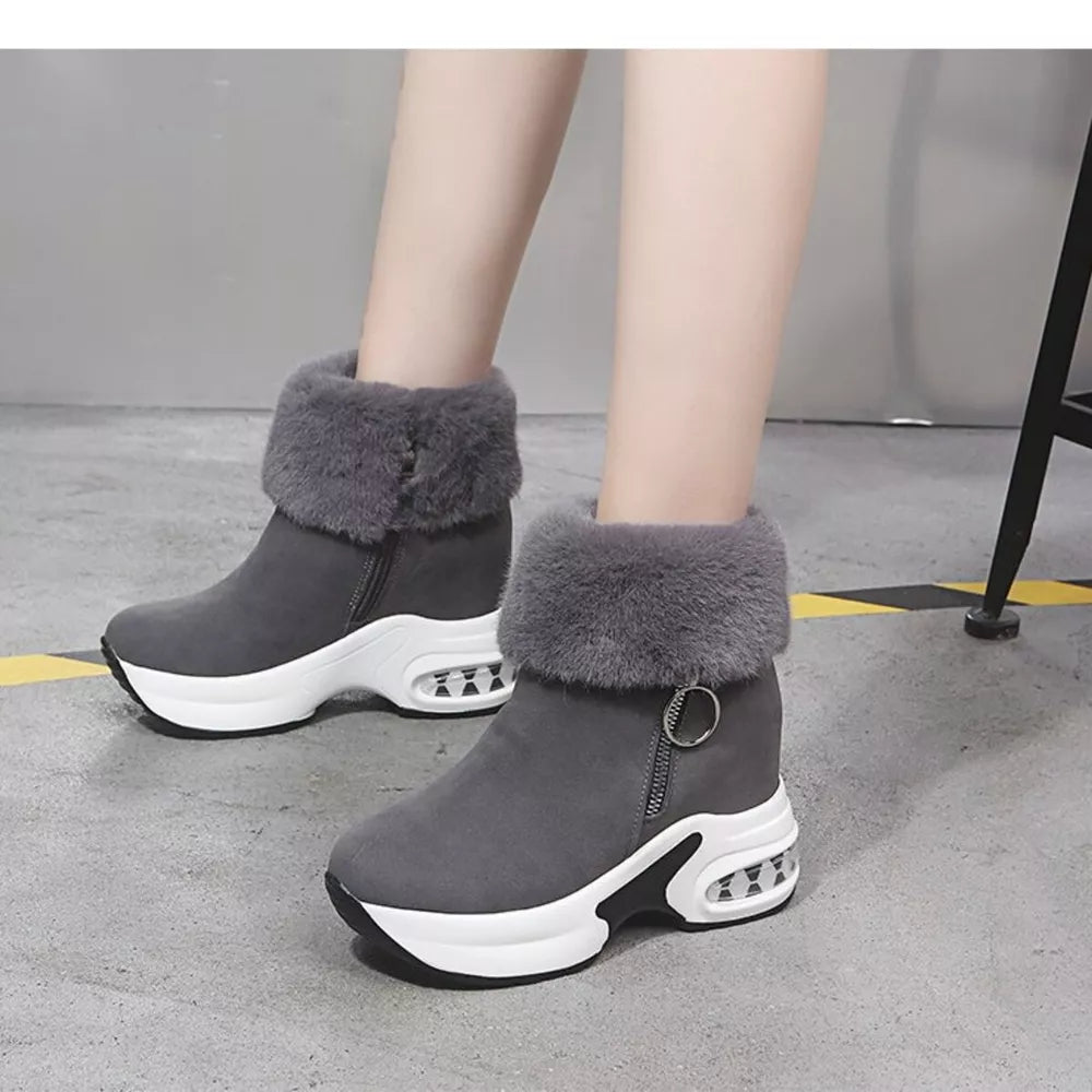 Gray plush ankle boots with side zipper and air cushion sole