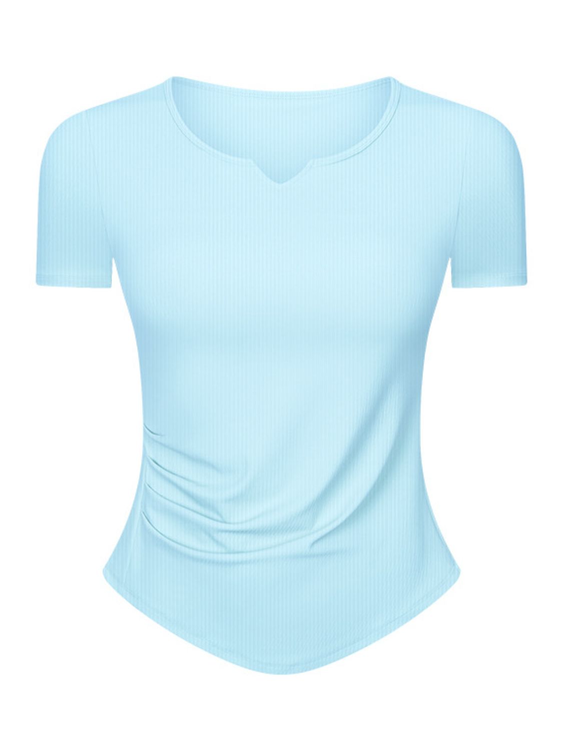 Pastel blue ribbed notch-neck active top with ruched side detail