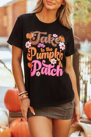 Black round neck tee with "Take Me to the Pumpkin Patch" graphic and floral accents.