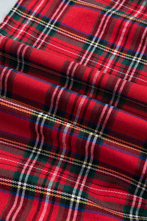 Plaid Knot Neck Short Sleeve Mini Dress in Burgundy, editorial view