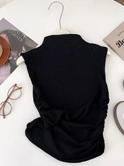 Black textured ruching mock neck tank top with draped detail