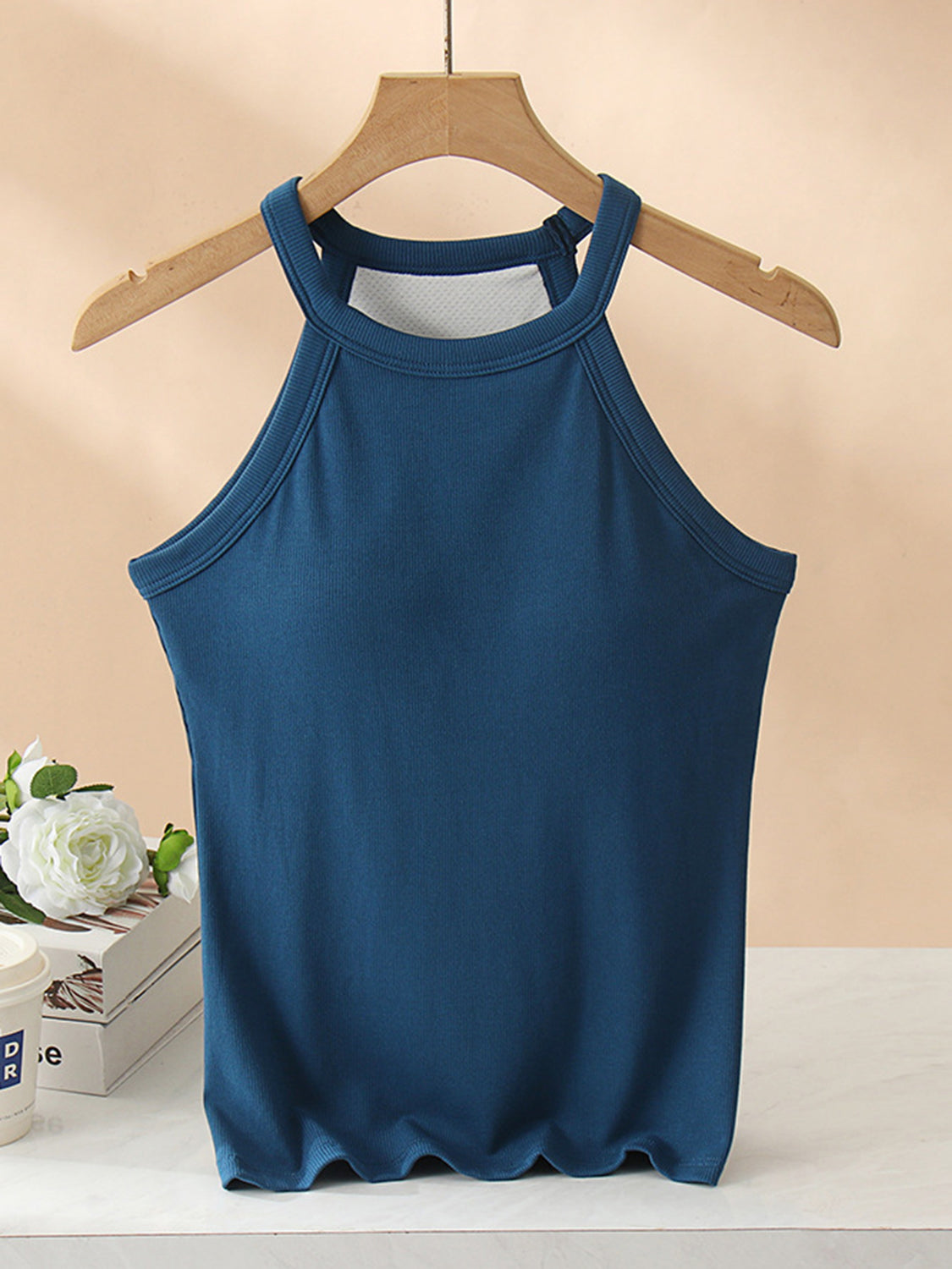 Peacock blue ribbed halter tank top with built-in bra and scalloped hem