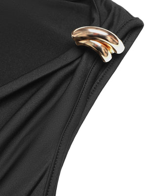 Black cowl neck bodysuit with gold accent detail and ruching