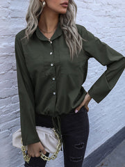 Black Forest drawstring waist utility shirt with button front and chest pockets.