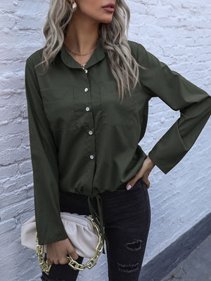Black Forest drawstring waist utility shirt with button front and chest pockets.