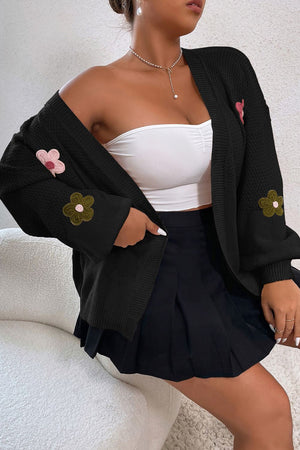 Black acrylic knit cardigan with embroidered flowers on sleeves and front