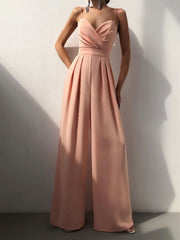 Ruched spaghetti strap wide-leg jumpsuit in Lotus Root with a sweetheart neckline and pleated wide legs.