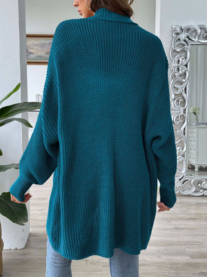 Deep Teal ribbed knit cocoon cardigan with a relaxed fit and long sleeves.