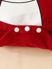 Red baby bodysuit with white snap closure detail and bunny graphic outline.