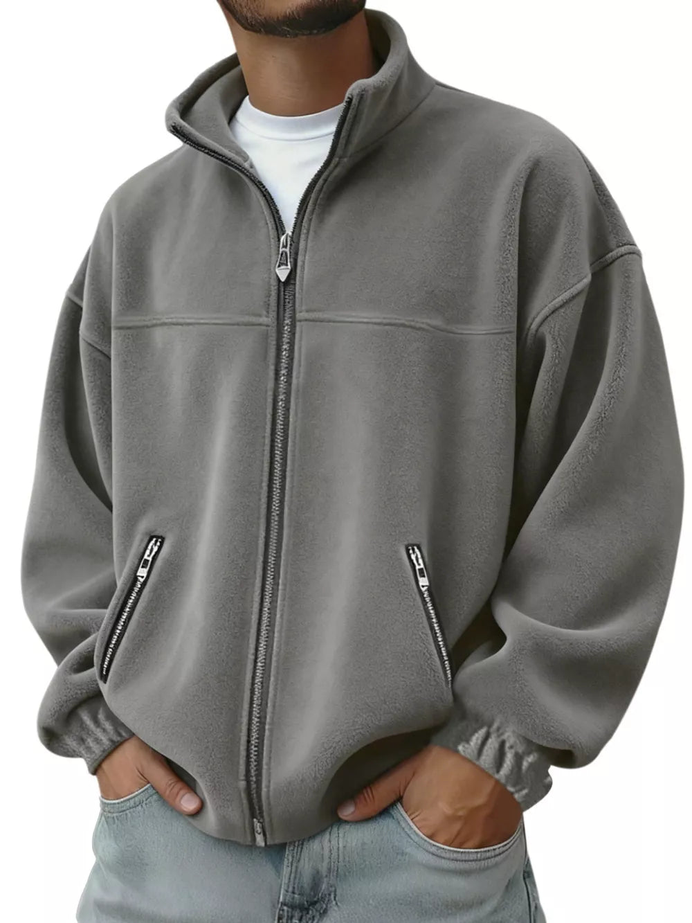 Men's gray fleece zip-up jacket with zippered pockets and stand-up collar.
