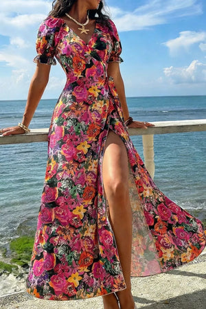 Slit Floral Short Sleeve Maxi Dress in Floral, close-up detail