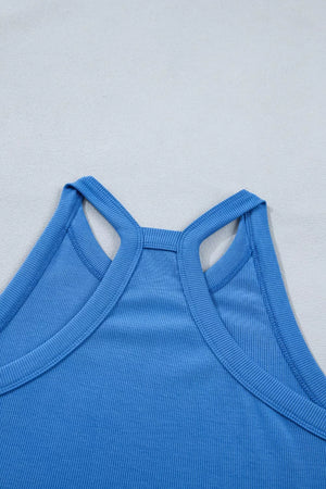 Blue ribbed cropped tank top with racerback detail