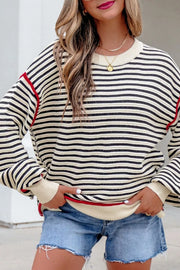 Stripe Ribbed Trim Drop Shoulder Oversized Sweater in Stripe, fabric detail