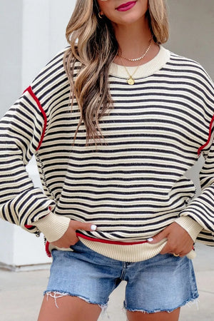 Stripe Ribbed Trim Drop Shoulder Oversized Sweater in Stripe, fabric detail