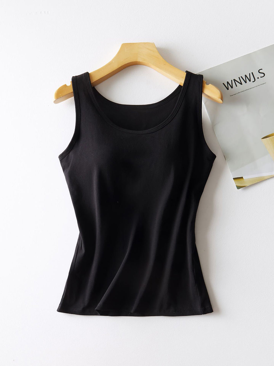 Black built-in support tank top with scoop neckline and racerback detail.