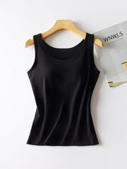 Black built-in support tank top with scoop neckline and racerback detail.