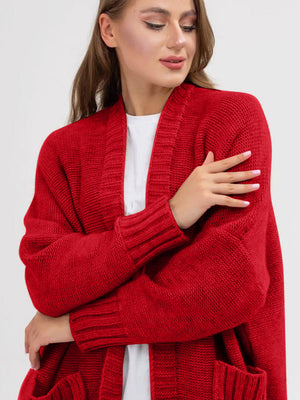 Scarlet oversized acrylic knit cocoon cardigan with pockets and ribbed cuffs.