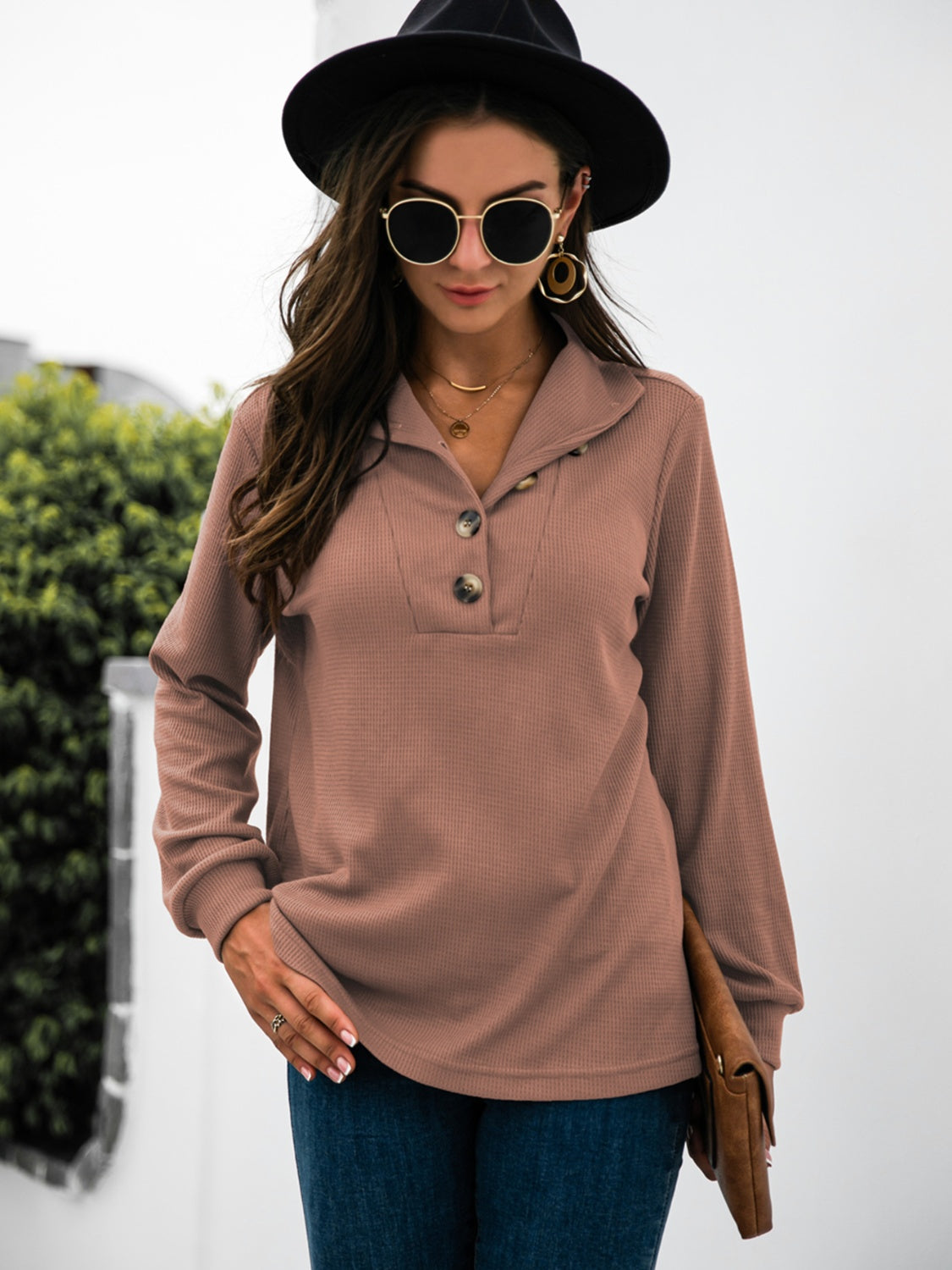 Button Chic Long Sleeve Tee in Dusty Pink with collar and button detail.