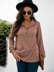 Button Chic Long Sleeve Tee in Dusty Pink with collar and button detail.