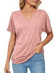 Pink relaxed V-neck short sleeve t-shirt with draping detail