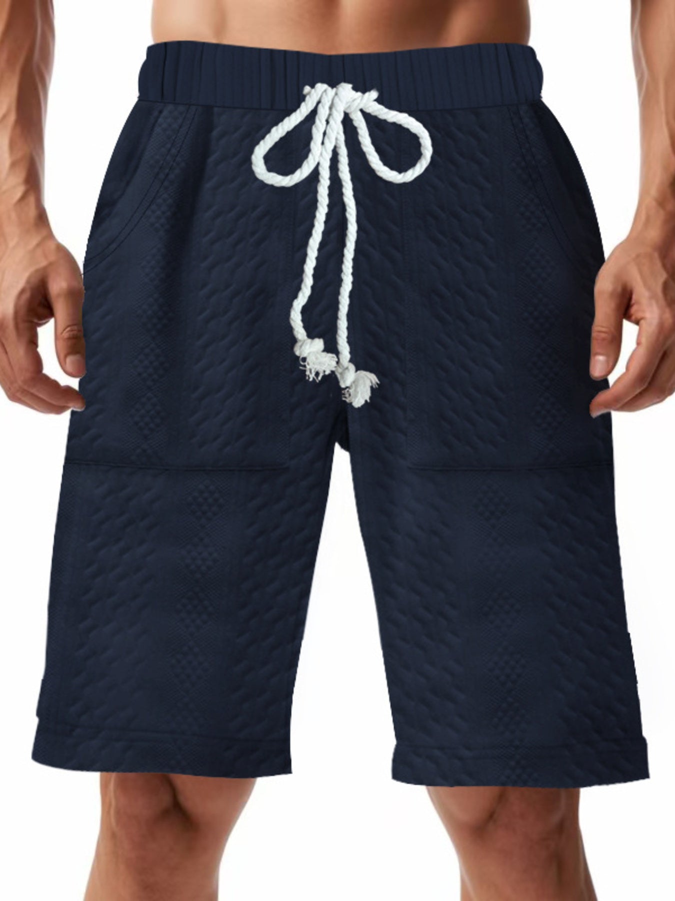 Navy blue quilted texture drawstring chino shorts for men with diamond pattern.