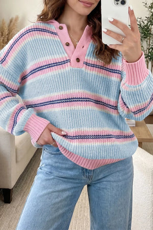 Striped Button Collar Long Sleeve Knit Sweater in Light Blue, close-up detail
