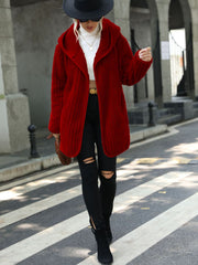 Textured teddy hooded open coat in wine with ribbed detail, open front and relaxed fit.