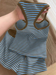 Blue striped tank top and shorts set with brown trim and drawstring shorts.