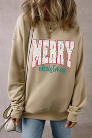 Khaki long sleeve sweatshirt with Merry Christmas graphic and festive holiday icons.