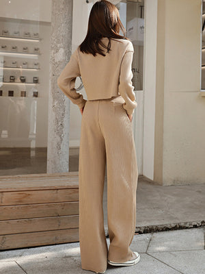 Khaki waffle knit cropped loungewear set with wide-leg pants.