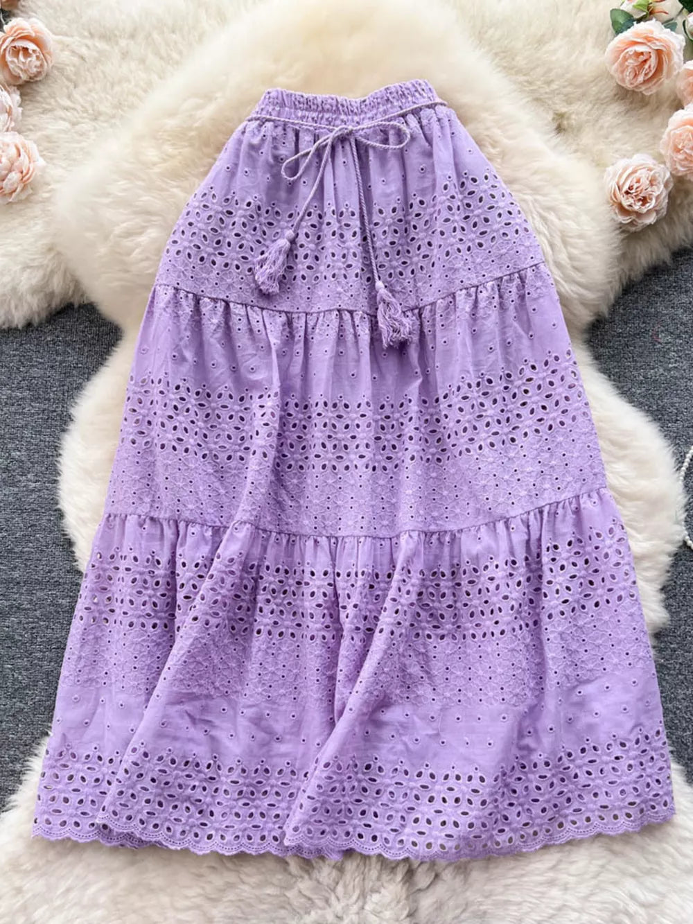Purple eyelet tiered maxi skirt with drawstring and tassels