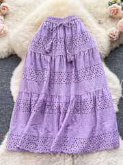 Purple eyelet tiered maxi skirt with drawstring and tassels