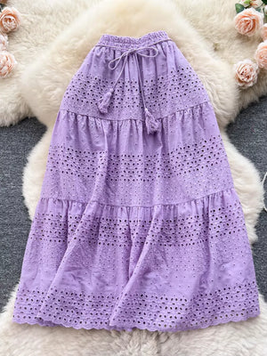 Purple eyelet tiered maxi skirt with drawstring and tassels
