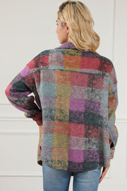 Multicolor brushed plaid shacket with collar and long sleeves.