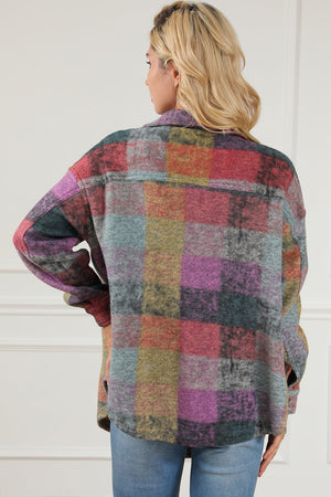 Multicolor brushed plaid shacket with collar and long sleeves.