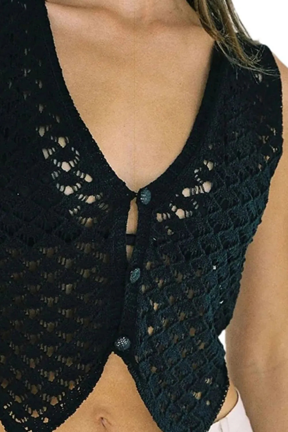 Black crochet button-down cropped vest with V-neck and diamond pattern.