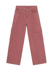 Oversized cargo denim trousers in dusty pink with utility pockets.