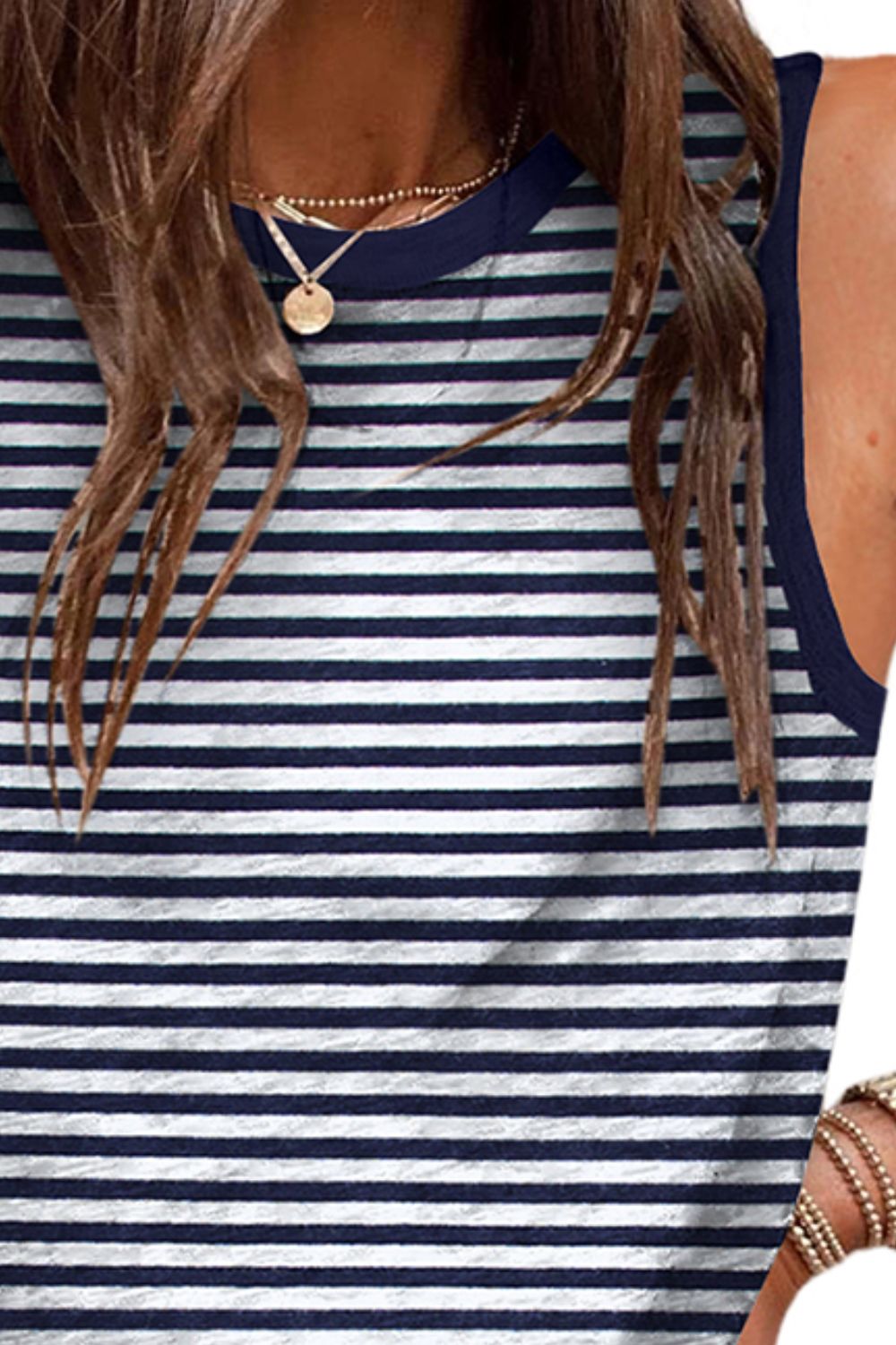 Dark Navy and white striped tank top with contrast trim neckline